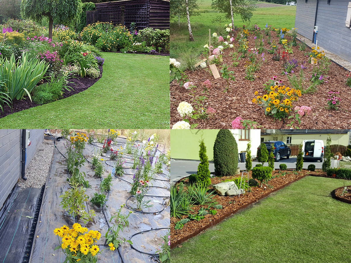 Kolaż czterech ujęć ogrodu: zadbany trawnik z rabatami kwiatowymi, rabata wysypana korą z młodymi roślinami, instalacja nawadniająca pod czarną agrowłókniną, dekoracyjny ogródek z tujami i kamieniem.