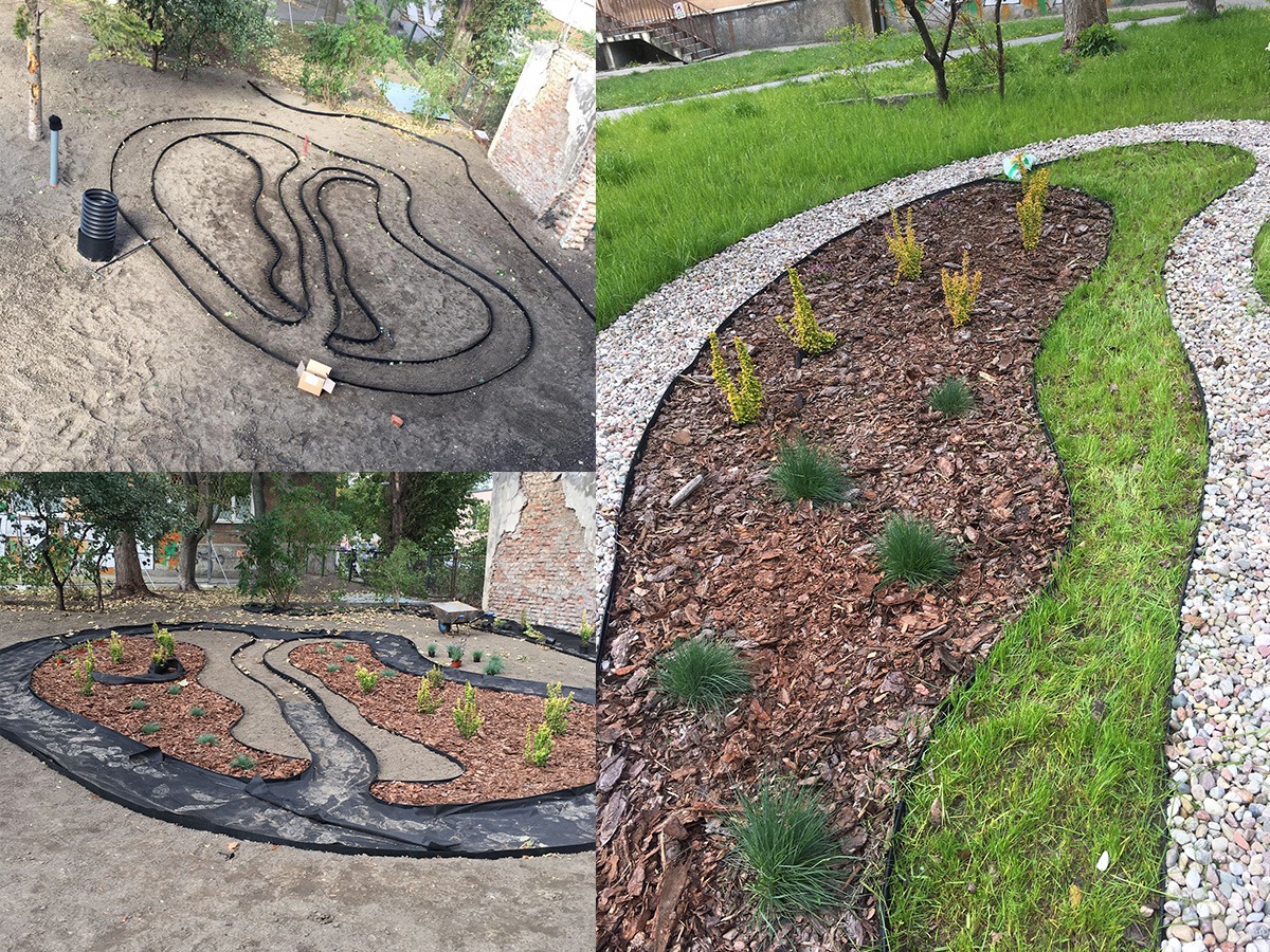 Etapy tworzenia ogrodu: układanie systemu nawadniania, rozkładanie agrowłókniny, wysypywanie kory i sadzenie roślin, obrzeża z kamyków.