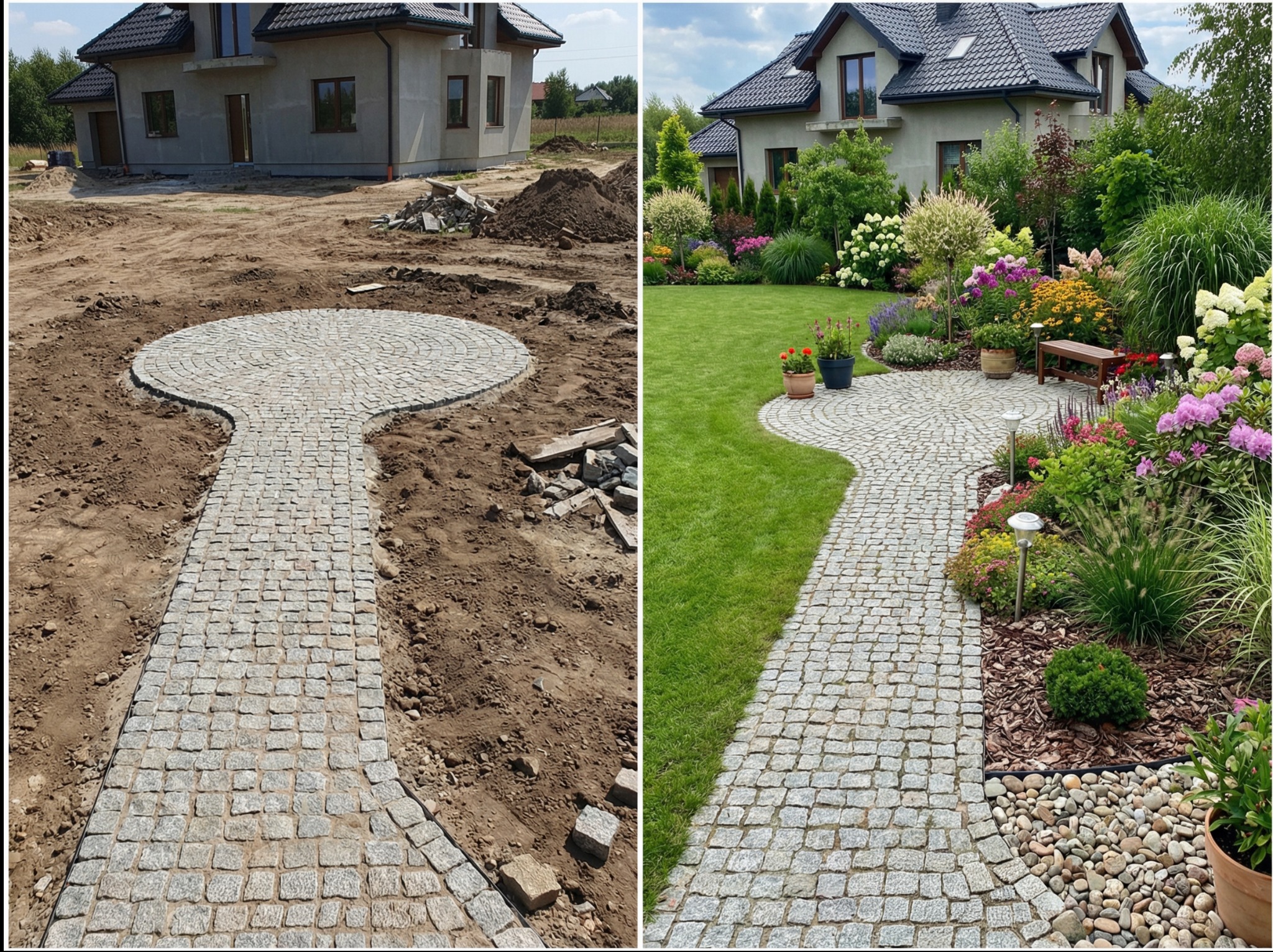 Porównanie stanu przed i po: ułożona kostka brukowa tworząca ścieżkę w ogrodzie. Po lewej surowy teren, po prawej zagospodarowany ogród z roślinami i trawnikiem.