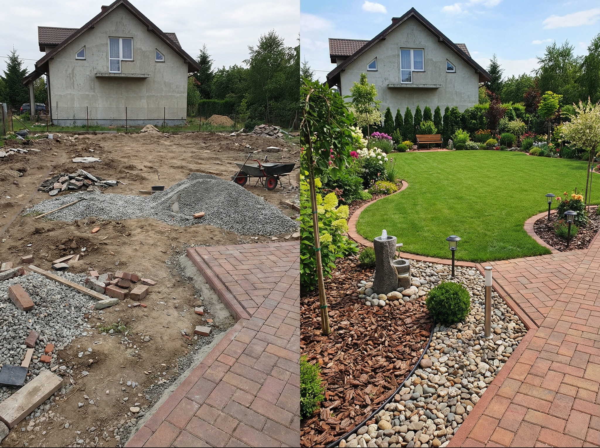 Zdjęcie 'przed i po' ukazujące transformację terenu przed domem: od niezagospodarowanej ziemi z gruzem do zadbanego ogrodu z trawnikiem, rabatami i ścieżką z kostki.