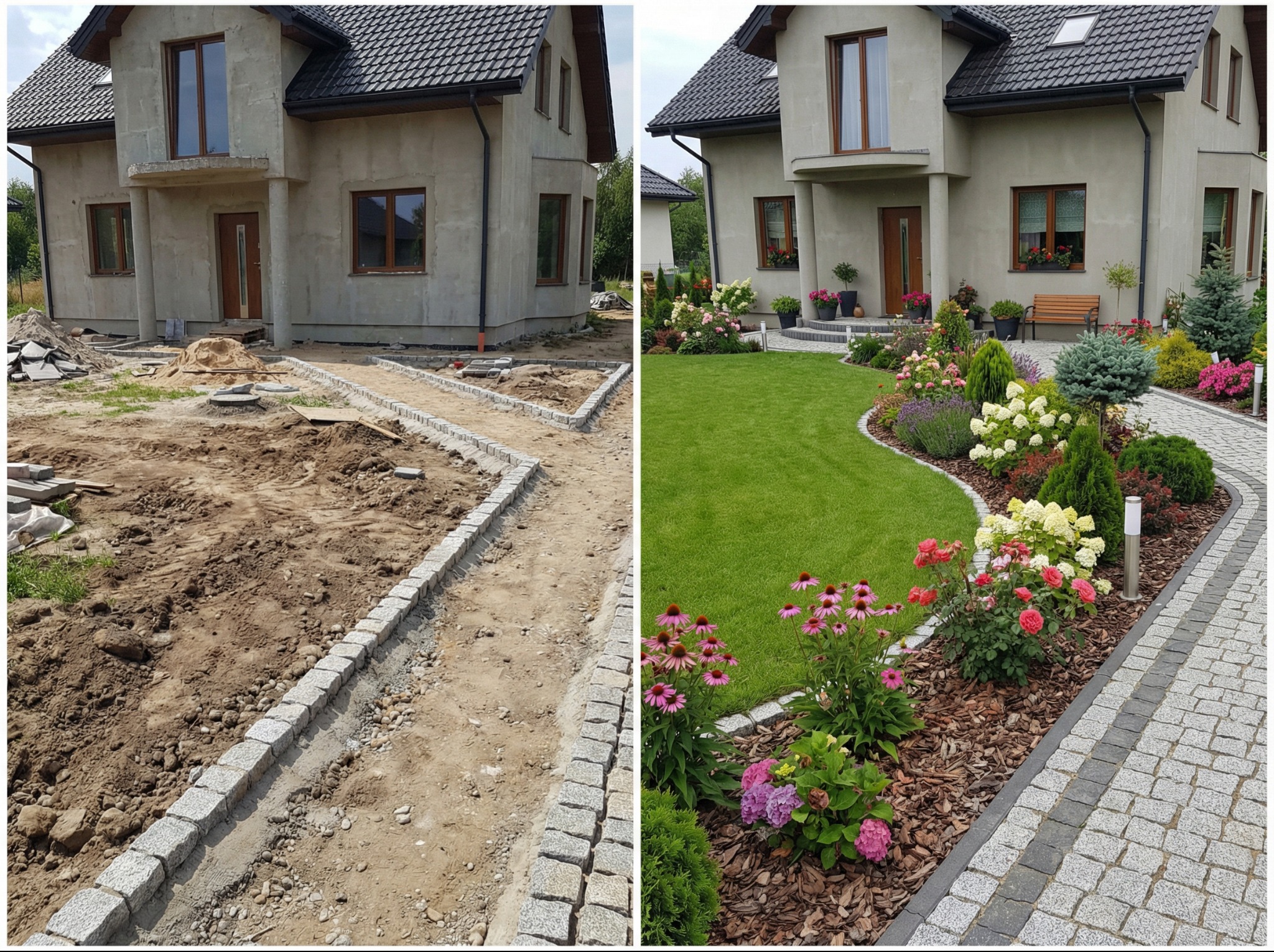 Zdjęcie 'przed i po' przedstawia metamorfozę ogrodu: od ziemi i piasku do zielonego trawnika, kolorowych kwiatów i ścieżki z kostki brukowej. Widoczny dom w tle.