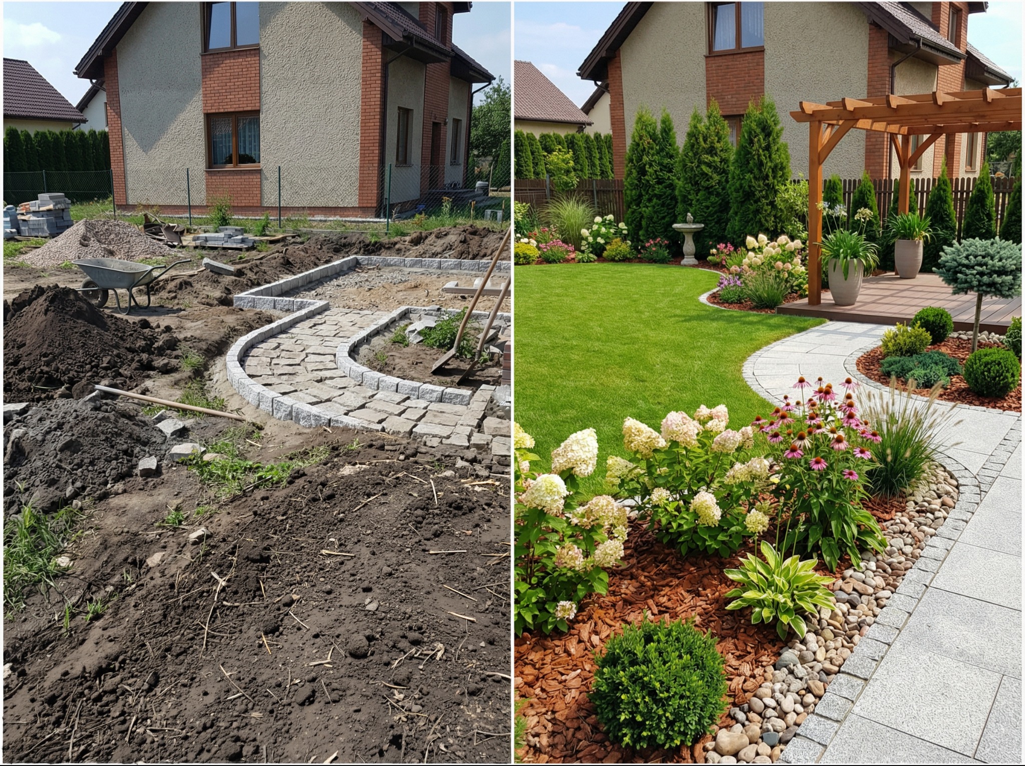 Zdjęcie 'przed i po' ukazujące budowę krętej ścieżki z kamienia w ogrodzie. Po lewej etap prac ziemnych, po prawej gotowa ścieżka z roślinami i elementami dekoracyjnymi.