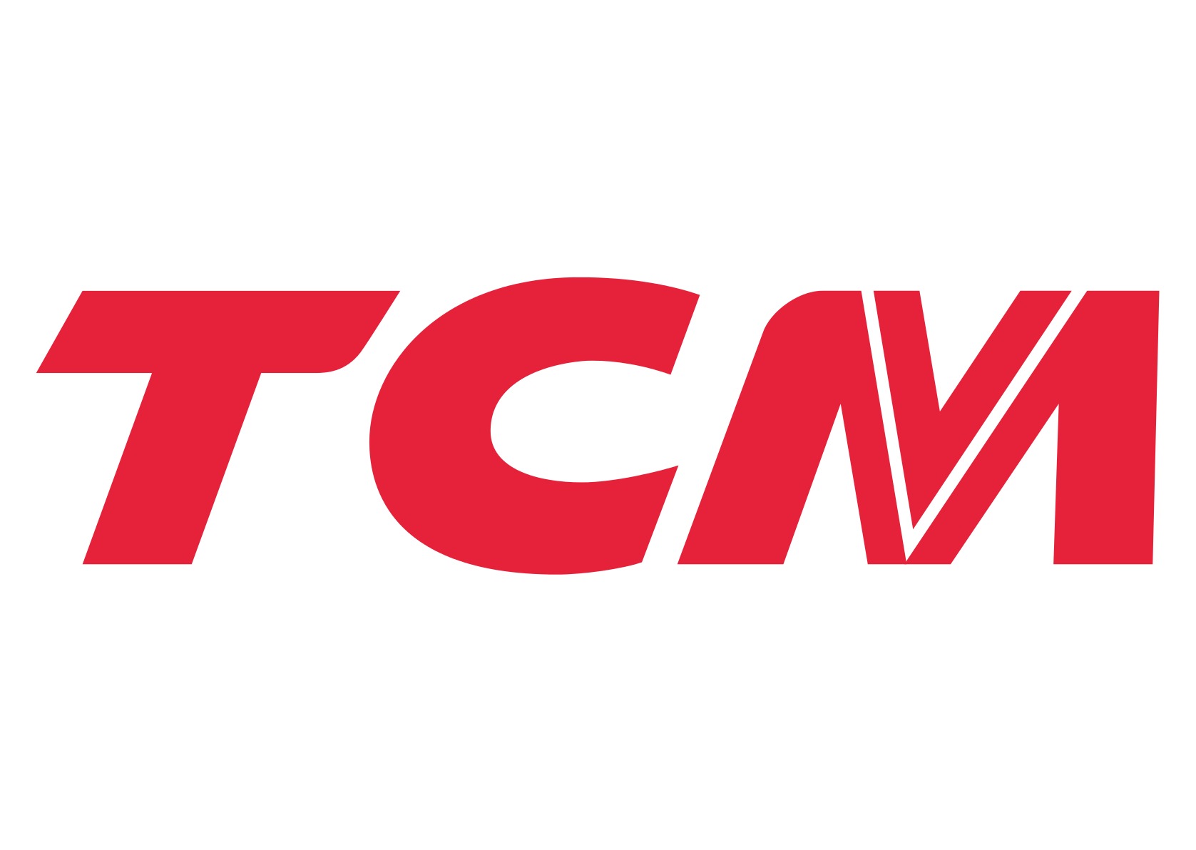 Czerwone logo TCM na białym tle.