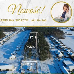 Dzieciogród Ewelina Woszto - Zimowy krajobraz z działkami na sprzedaż, oznaczonymi powierzchniami, kontakt do agenta nieruchomości Eweliny Woszto, napis 'Nowość!' w ozdobnej czcionce.