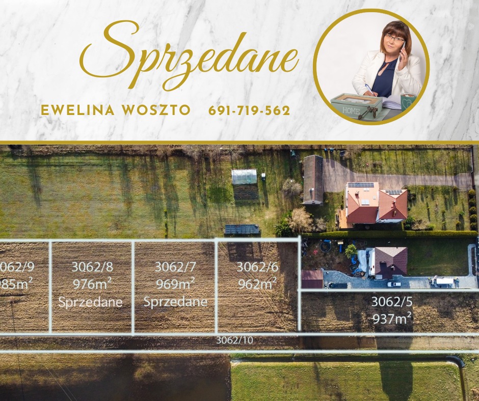 Działki z napisem 'Sprzedane' z lotu ptaka, kontakt do agenta nieruchomości Eweliny Woszto, numer działki i powierzchnia. Ujęcie z góry, słoneczny dzień.
