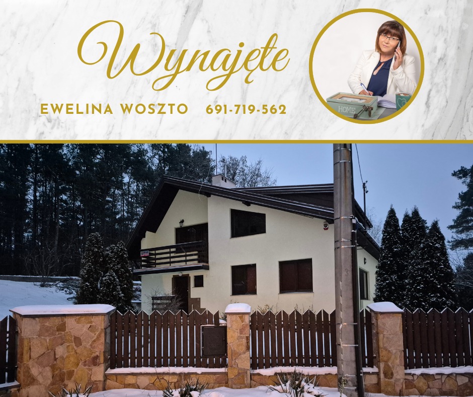 Ogłoszenie wynajmu domu z wizerunkiem agentki Eweliny Woszto i numerem telefonu na tle marmuru. Zimowy krajobraz z domem za ogrodzeniem.
