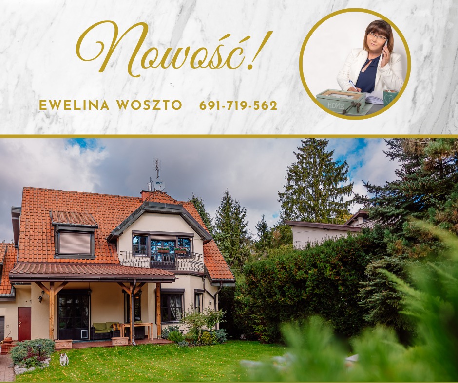 Ogłoszenie: dom z czerwonym dachem, zadbanym ogrodem i balkonem. U góry napis 'Nowość!', imię i nazwisko oraz numer telefonu agenta nieruchomości.