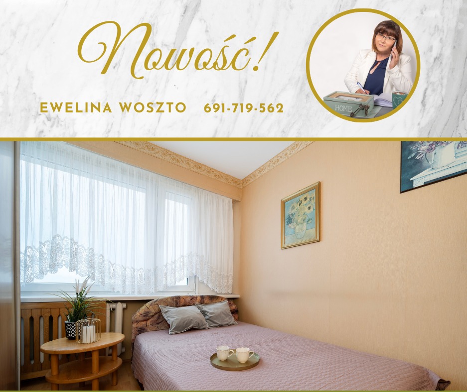 Przytulna sypialnia z łóżkiem i dekoracjami, prezentowana przez agenta nieruchomości z Legionowa. U góry grafika z napisem 'Nowość!' i danymi kontaktowymi.
