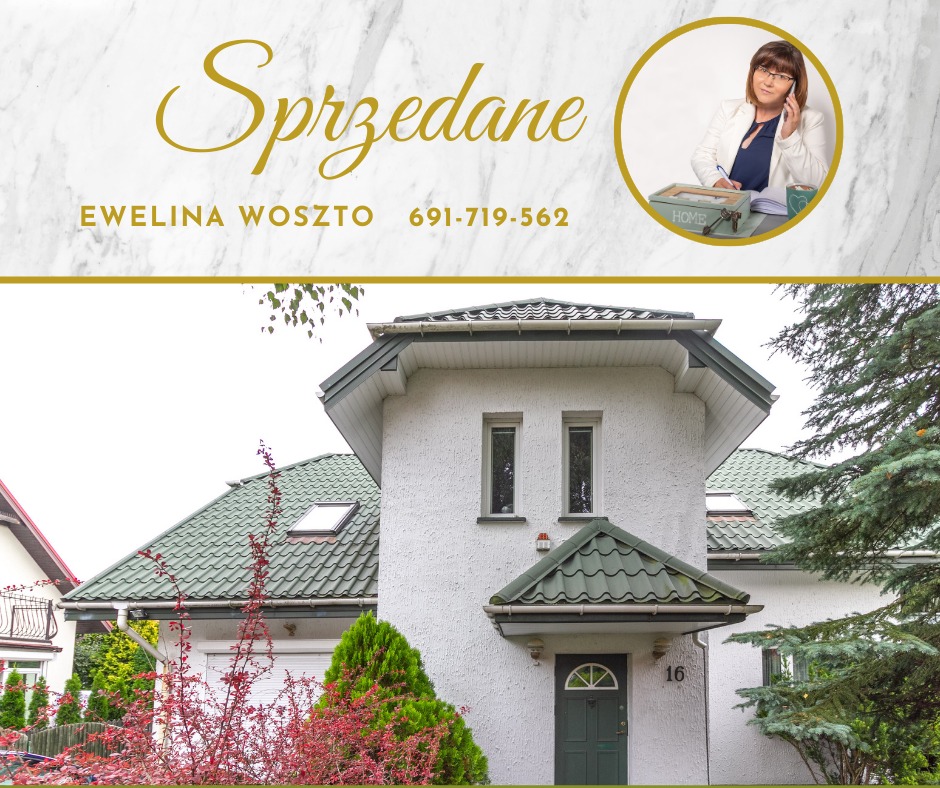 Ogłoszenie: Dom z zielonym dachem i numerem 16, informacja 'Sprzedane', kontakt do Eweliny Woszto i jej portret w okręgu na marmurkowym tle.