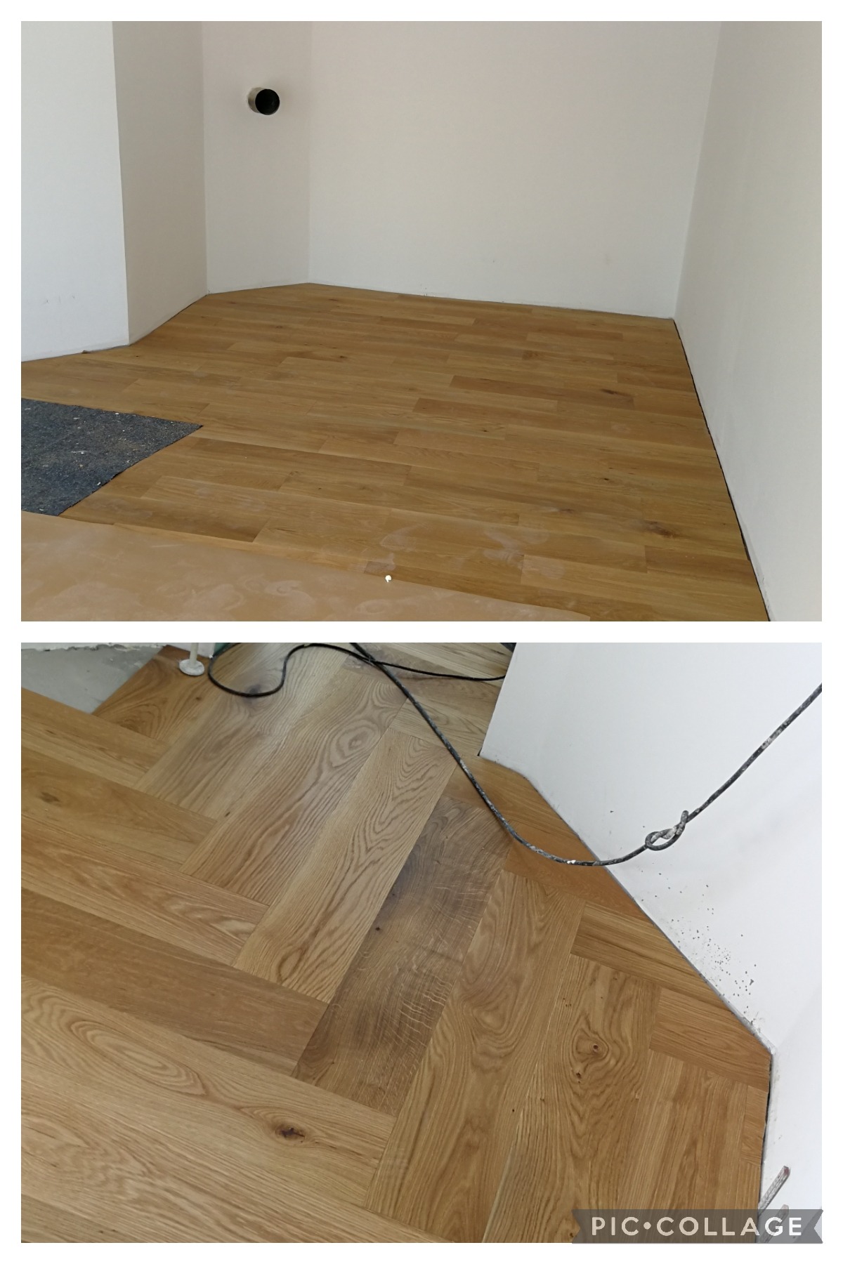Dwa ujęcia jasnych, drewnianych paneli podłogowych w trakcie układania. Górne ujęcie pokazuje prosty wzór z fragmentem maty podkładowej, a dolne parkiet ułożony w jodełkę przy białej ścianie z kablem.