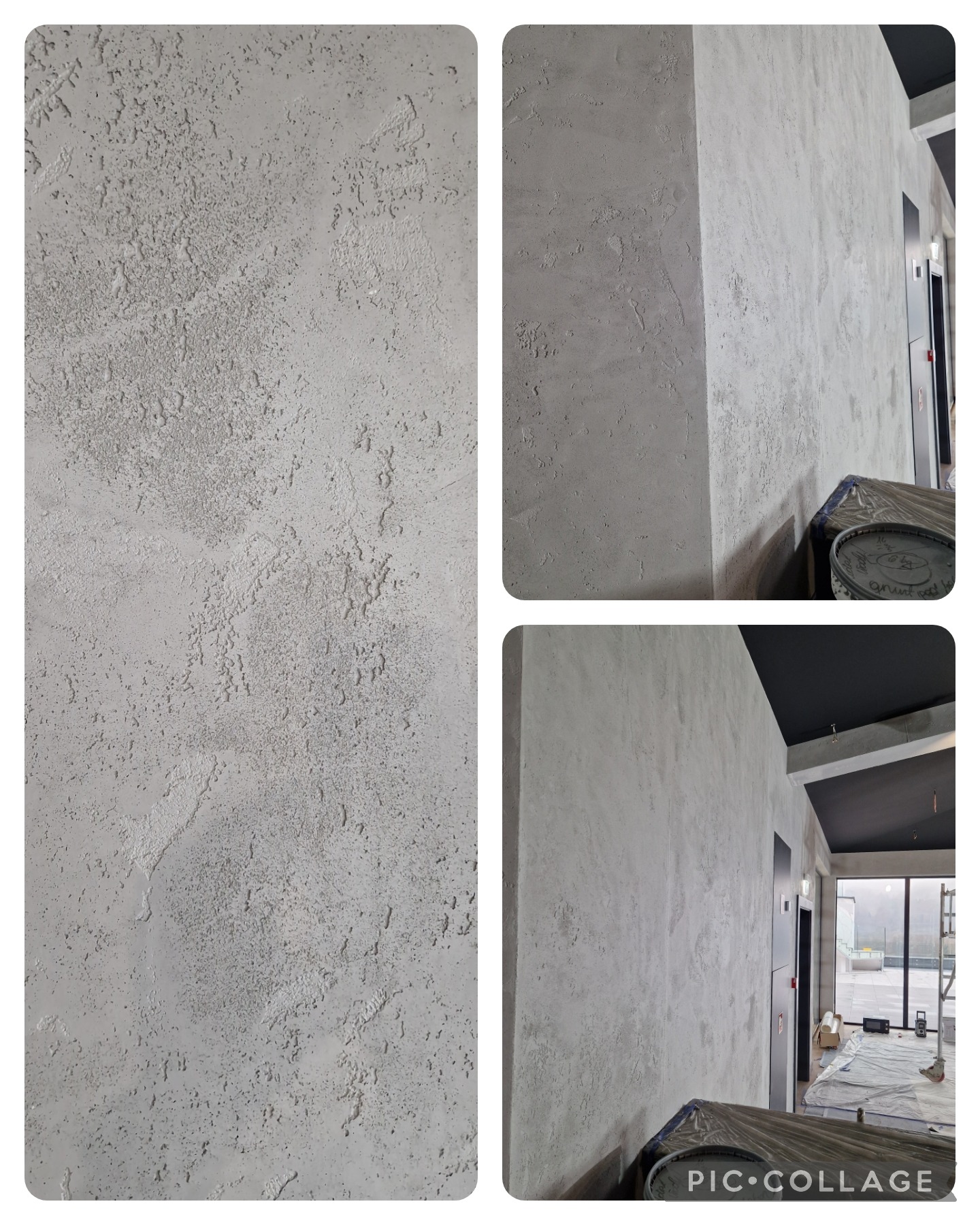 Ściana pokryta szarą, dekoracyjną fakturą betonu w nowoczesnym wnętrzu, widoczny fragment korytarza z windą i zabezpieczone podłoże.