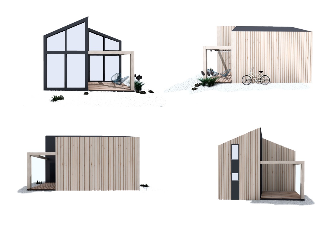 Wizualizacja czterech ujęć nowoczesnego domu z drewnianą elewacją, dużymi oknami i minimalistycznym tarasem, otoczonego białym żwirem i zielenią.