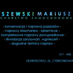 Wizytówka firmy blacharsko-lakierniczej Olszewski Mariusz z adresem w Henrykowie i numerem telefonu, z sylwetką pistoletu lakierniczego w prawym górnym rogu.