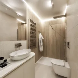 Nowoczesna łazienka z beżowymi płytkami imitującymi drewno, owalną umywalką nablatową, grzejnikiem drabinkowym i przeszkloną kabiną prysznicową z deszczownicą, oświetlona listwami LED.