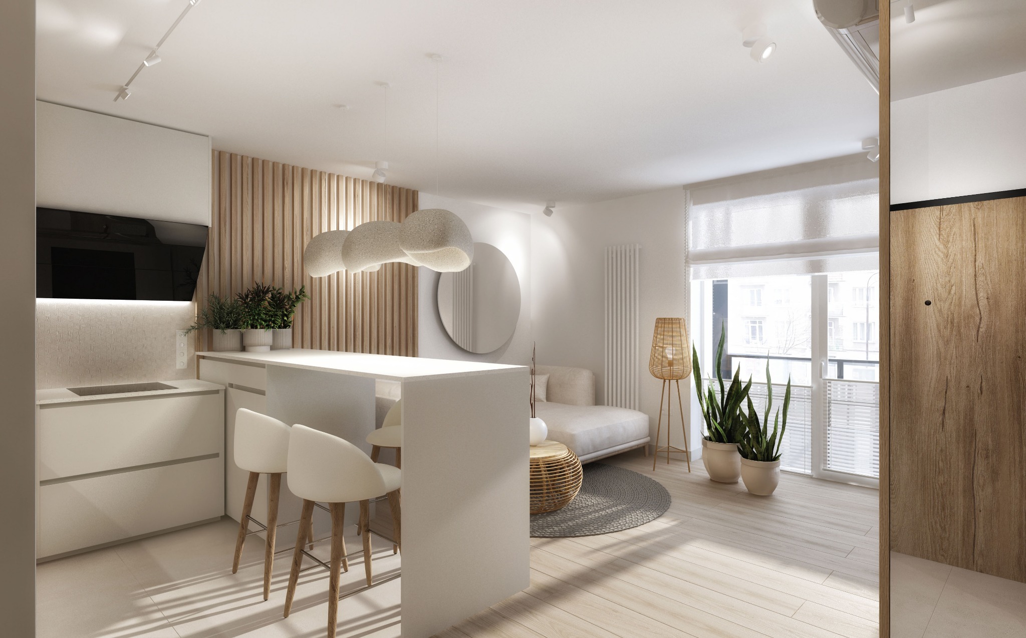 Jasne, przestronne wnętrze mieszkania z aneksem kuchennym, wyspą barową z białymi krzesłami, drewnianymi panelami ściennymi i okrągłym lustrem, doświetlone naturalnym światłem.