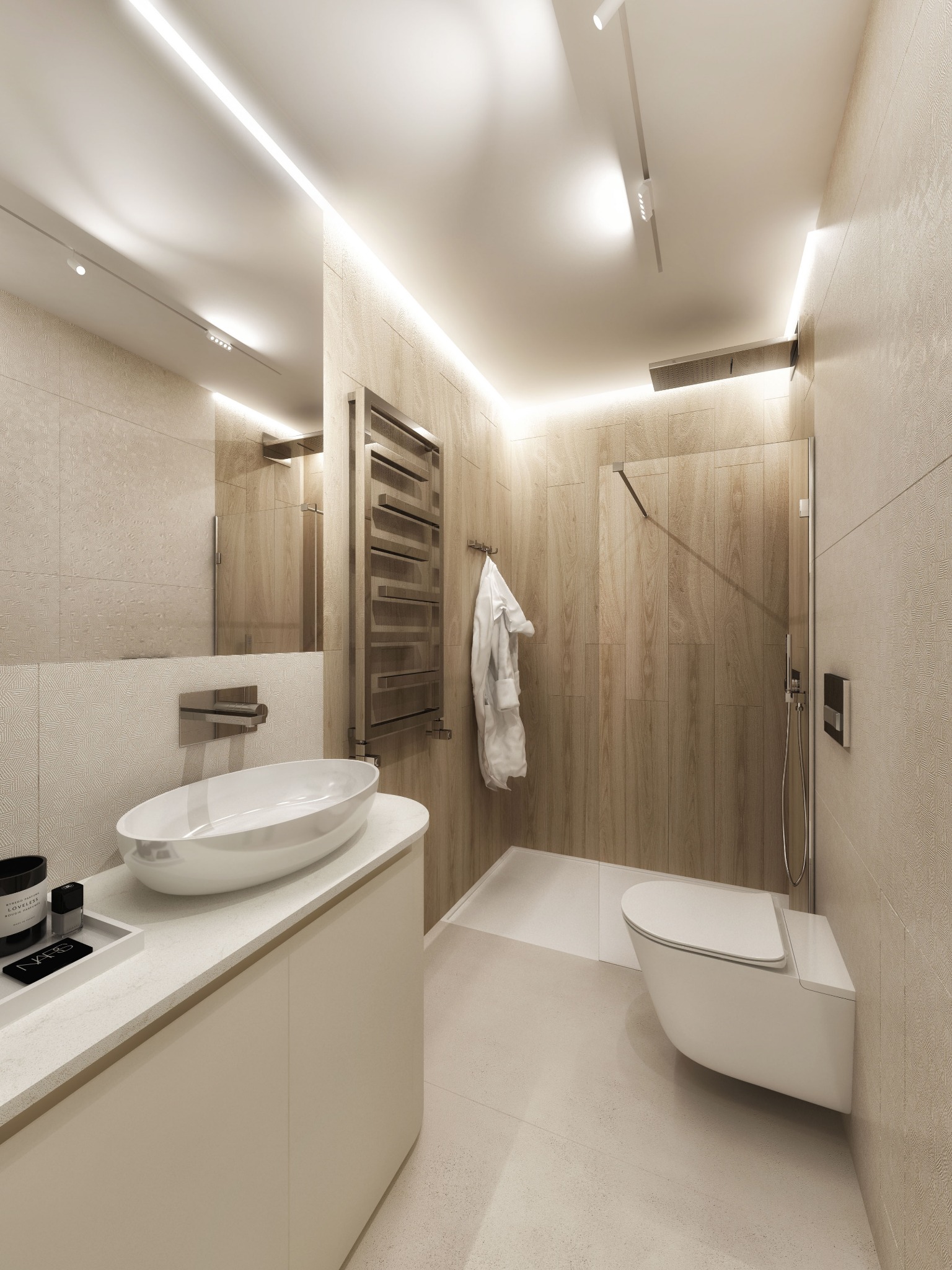 Nowoczesna łazienka z beżowymi płytkami imitującymi drewno, owalną umywalką nablatową, grzejnikiem drabinkowym i przeszkloną kabiną prysznicową z deszczownicą, oświetlona listwami LED.