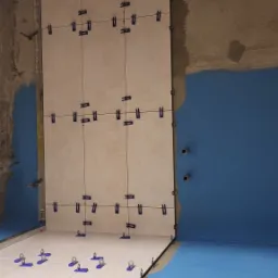 Świeżo ułożone, beżowe płytki na ścianie i podłodze, z użyciem klipsów poziomujących, widoczne zabezpieczenie hydroizolacyjne w kolorze niebieskim na ścianie i podłodze.