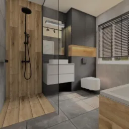 Nowoczesna łazienka z kabiną prysznicową typu walk-in, drewnopodobnymi płytkami na ścianie prysznica i podłodze, białą szafką z umywalką i wiszącą toaletą w odcieniach szarości i drewna.