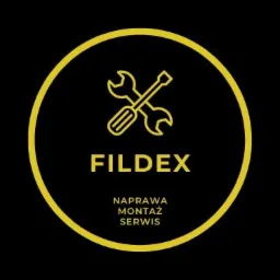 Grafika z logotypem firmy FILDEX w żółtym okręgu na czarnym tle, przedstawiająca skrzyżowany klucz płaski i śrubokręt nad napisem 'FILDEX' oraz hasłem 'NAPRAWA MONTAŻ SERWIS'.