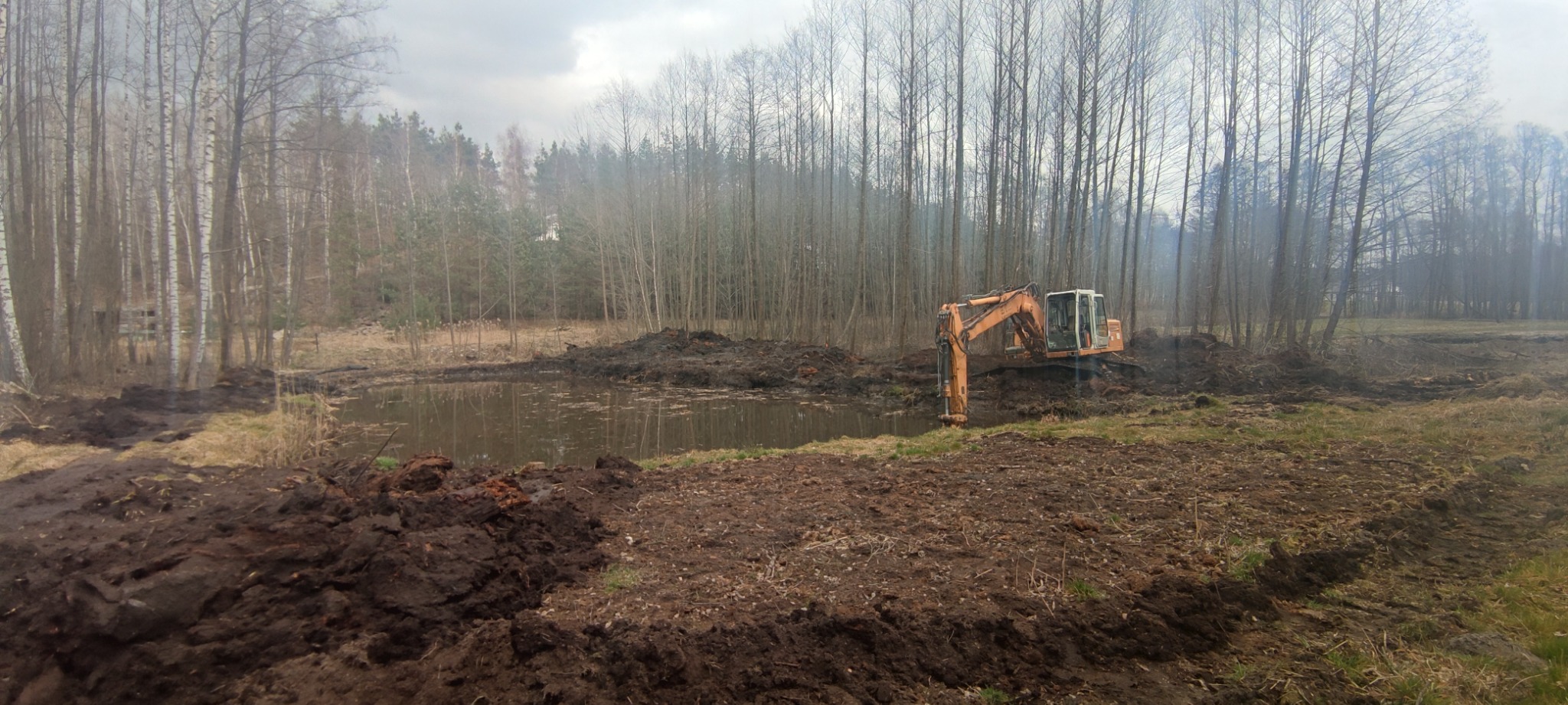 Pomarańczowa koparka nad brzegiem wykopanego stawu, otoczona błotnistym terenem i lasem z wysokimi drzewami bez liści, pochmurne niebo w tle.