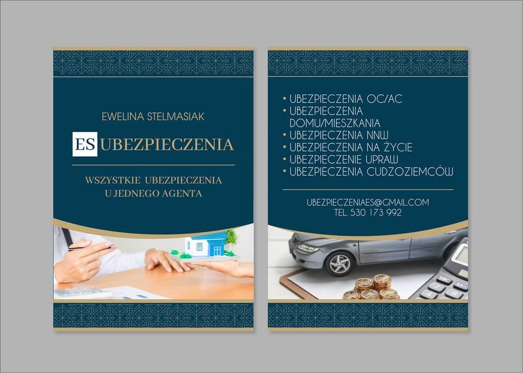 Wizytówka agenta ubezpieczeniowego Eweliny Stelmasiak z ofertą różnych rodzajów ubezpieczeń, w tym domu, samochodu, na życie i OC, z ilustracjami miniaturowego domu, samochodu, kalkulatora i monet.