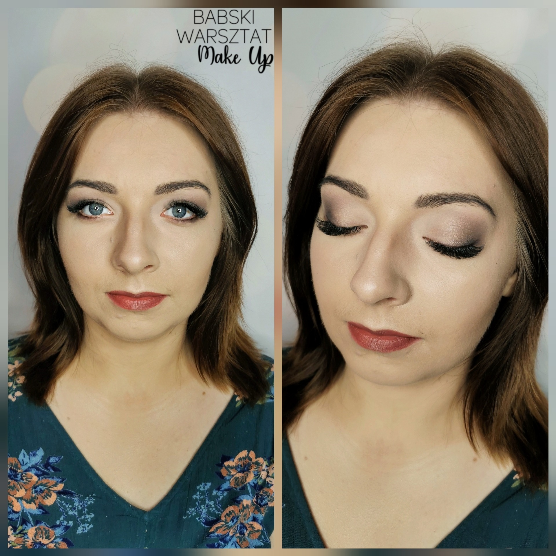Portret kobiety z brązowymi włosami przed i po delikatnym makijażu oczu i ust w odcieniach brązu i beżu, z widocznym logo firmy w tle.