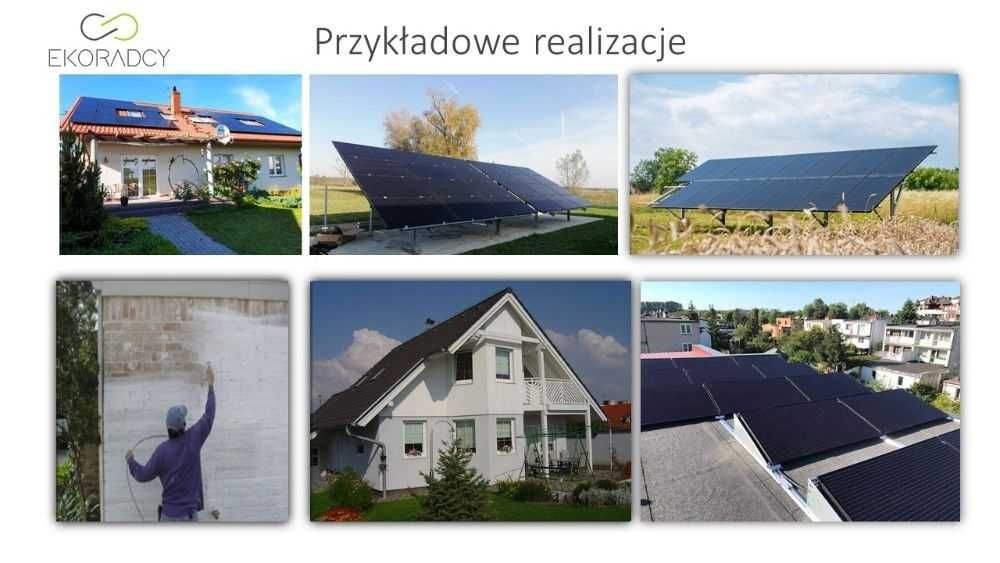 Kompozycja zdjęć przedstawiających przykładowe realizacje: instalacja paneli na dachu domu jednorodzinnego, panele na konstrukcji w polu, malowanie elewacji, dom z panelami na dachu płaskim.