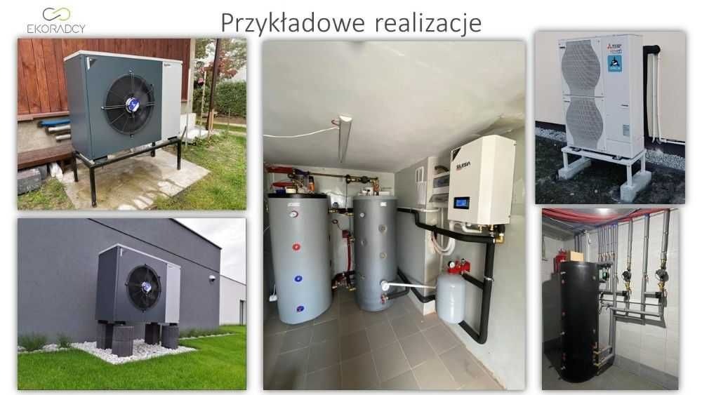 Kolaż przedstawiający przykładowe realizacje: montaż zewnętrznych i wewnętrznych jednostek pomp ciepła, w tym jednostki na metalowej konstrukcji w ogrodzie i jednostki przy szarej ścianie budynku...