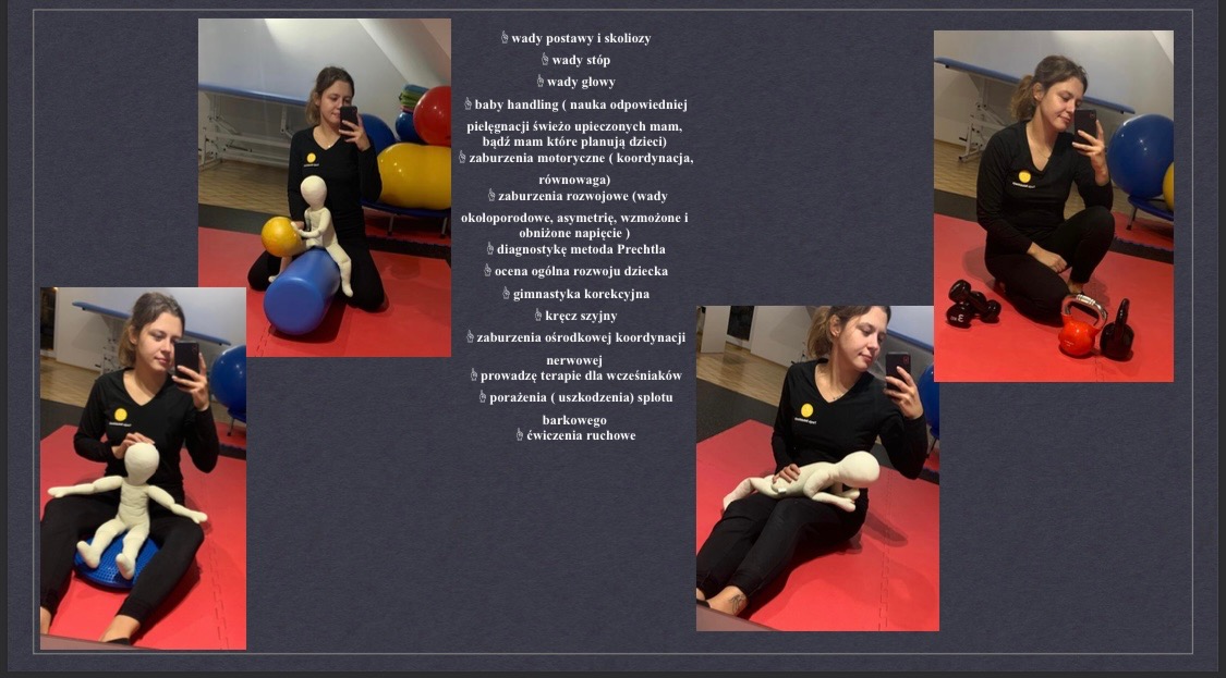 Kobieta w czarnym stroju robi selfie w lustrze, trzymając w rękach lalkę z białego materiału. W tle widoczne są sprzęty do ćwiczeń, takie jak wałek, piłki i ciężarki.