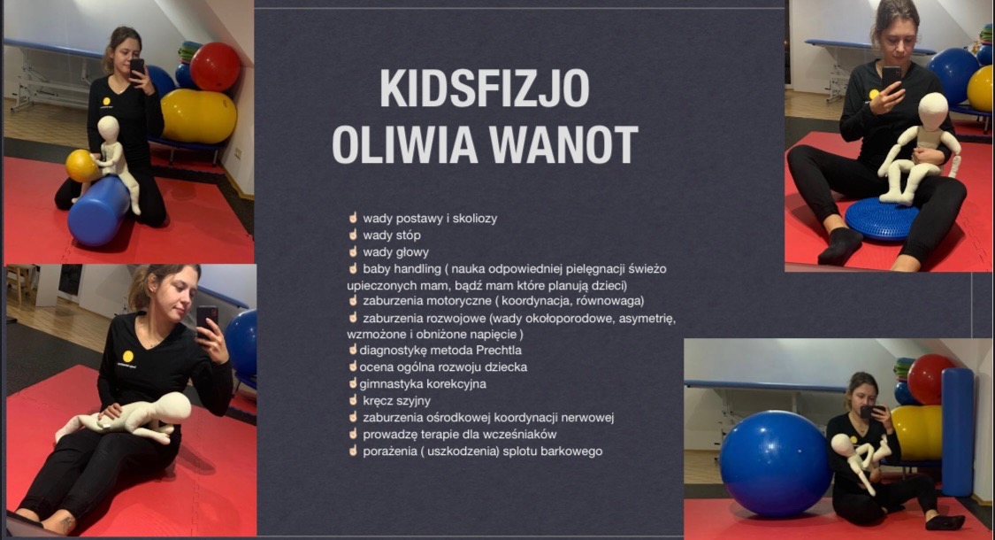 Kolaż zdjęć z gabinetu w Poznaniu prezentujący terapeutkę z lalką demonstracyjną, na tle piłek do ćwiczeń, wałka i poduszki sensorycznej, obok planszy z zakresem usług dla dzieci.