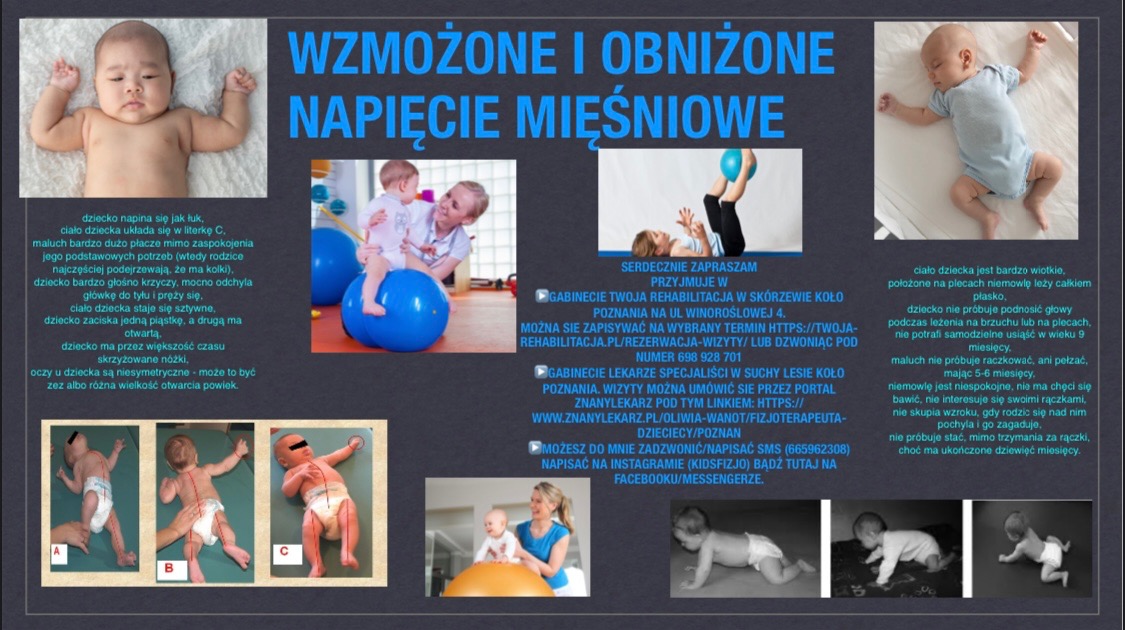 Kompozycja zdjęć ilustrujących wzmożone i obniżone napięcie mięśniowe u niemowląt, z przykładami ćwiczeń na piłkach i opisami objawów.