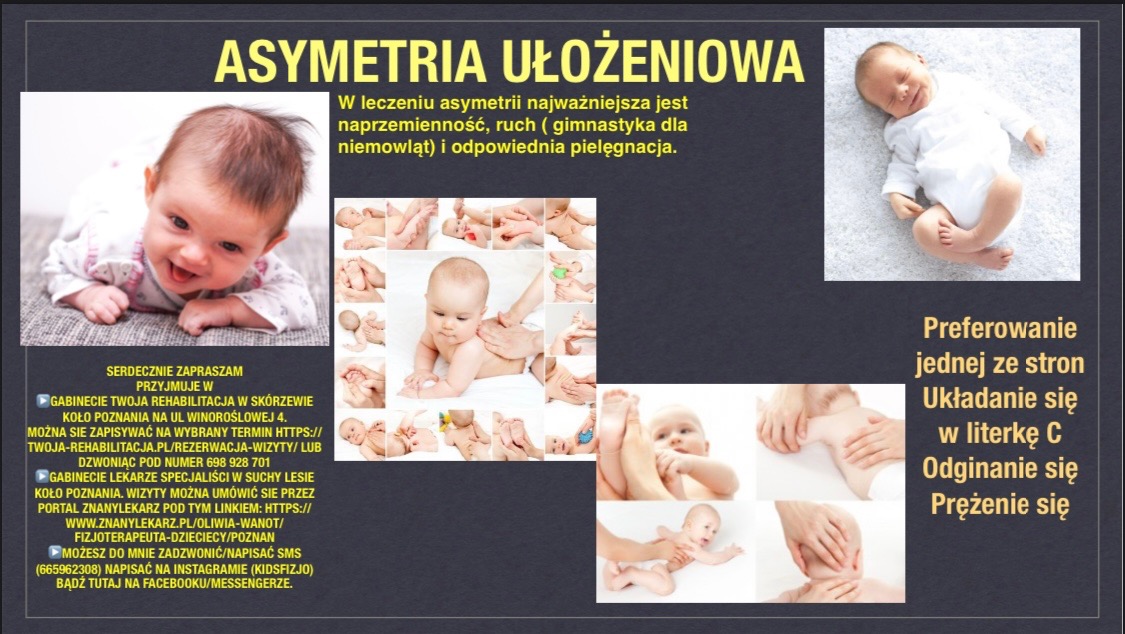 Kompozycja z niemowlętami, prezentująca asymetrię ułożeniową i metody terapii, w tym masaż i pozycjonowanie. Grafika zawiera tekst o zaproszeniu do gabinetów rehabilitacji dziecięcej i dane...