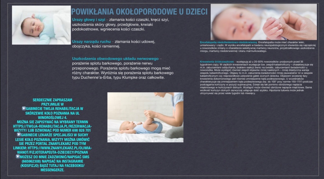 Fizjoterapeutka delikatnie podnosi nogi niemowlęcia leżącego na białym prześcieradle, ilustracja powikłań okołoporodowych u dzieci.