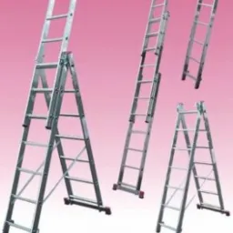 Zestaw aluminiowych drabin Krause w różnych konfiguracjach: rozstawiona drabina przegubowa, drabina przystawna z wysuwanym elementem, oraz złożona drabina przystawna, na różowym tle.