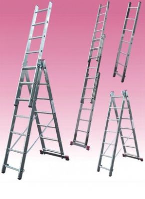 Zestaw aluminiowych drabin Krause w różnych konfiguracjach: rozstawiona drabina przegubowa, drabina przystawna z wysuwanym elementem, oraz złożona drabina przystawna, na różowym tle.