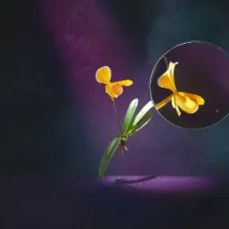 Żółty storczyk Paphiopedilum na ciemnym tle z efektem lustra, podkreślony punktowym oświetleniem.