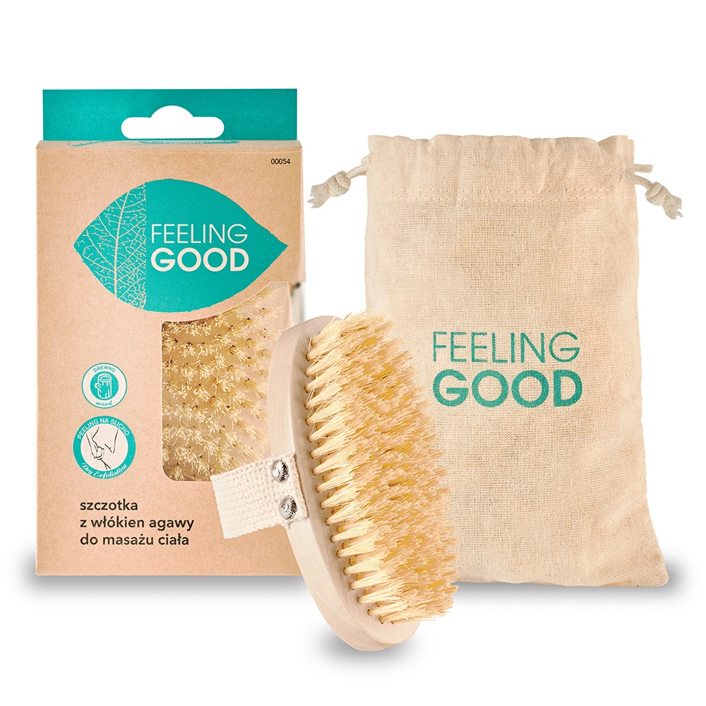 Szczotka do masażu ciała z włókien agawy, prezentowana obok opakowania i lnianego woreczka z logo 'Feeling Good', na białym tle.