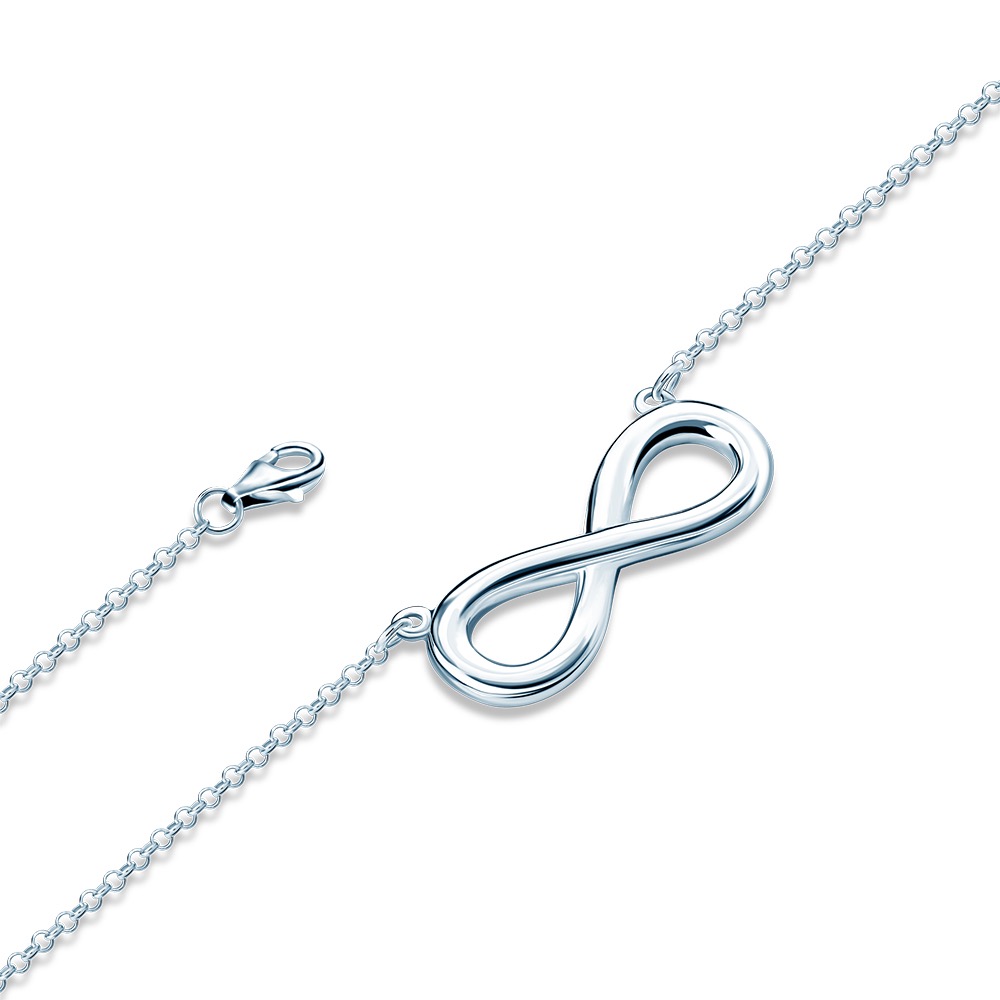 Srebrny naszyjnik z zawieszką w kształcie symbolu nieskończoności, leżący na białym tle, z widocznym zapięciem typu karabińczyk.