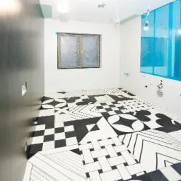 Wnętrze w trakcie prac: podłoga wyłożona czarno-białą mozaiką geometryczną, ściana w kolorze czarnym, okno zabezpieczone folią, instalacja wodna częściowo zamaskowana niebieską folią ochronną.