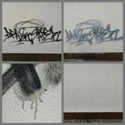 Pure Effect - Elewacja budynku z szarą graffiti i zaciekami, widok na fragment ściany z ceglanym cokołem.