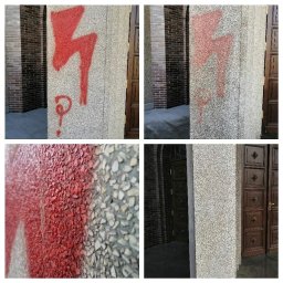 Pure Effect - Elewacja z kamyczkową fakturą z czerwonym graffiti w kształcie błyskawicy i znaku zapytania, widoczne ceglane elementy budynku i drewniane drzwi.