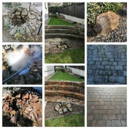 Pure Effect - Kolaż zdjęć przedstawiających czyszczenie kamieni i kostki brukowej w ogrodzie, z użyciem myjki ciśnieniowej. Widoczne etapy pracy: od zabrudzonych powierzchni, przez proces czyszczenia z parą...