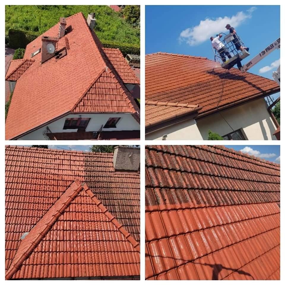 Czteropanelowe ujęcie dachu z czerwonej dachówki: dwa panele pokazują ekipę czyszczącą dach z podnośnika, jeden prezentuje różnicę między czystą a brudną częścią dachu, a ostatni pokazuje zbliżenie...