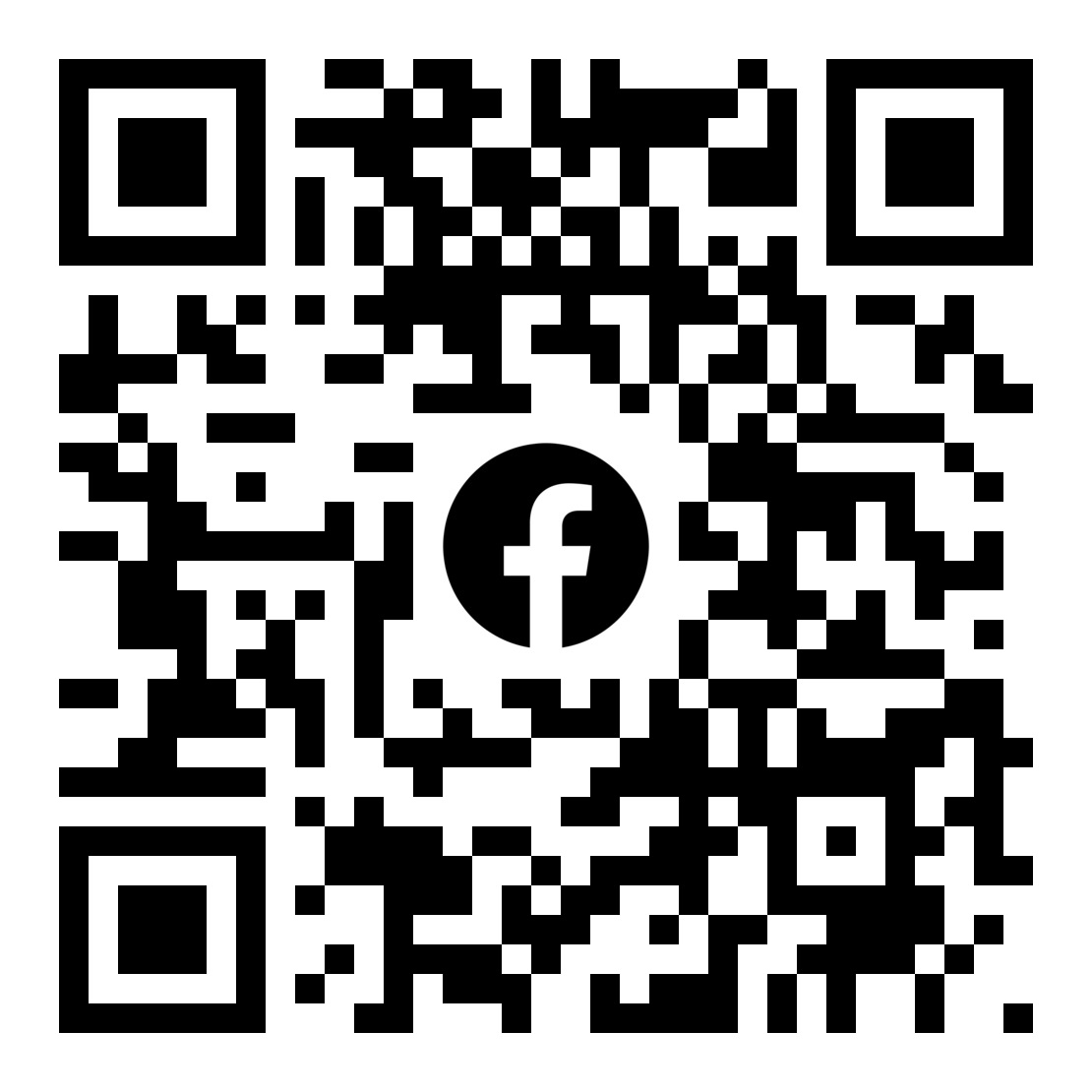 Czarno-biały kod QR z logo Facebooka w centrum.