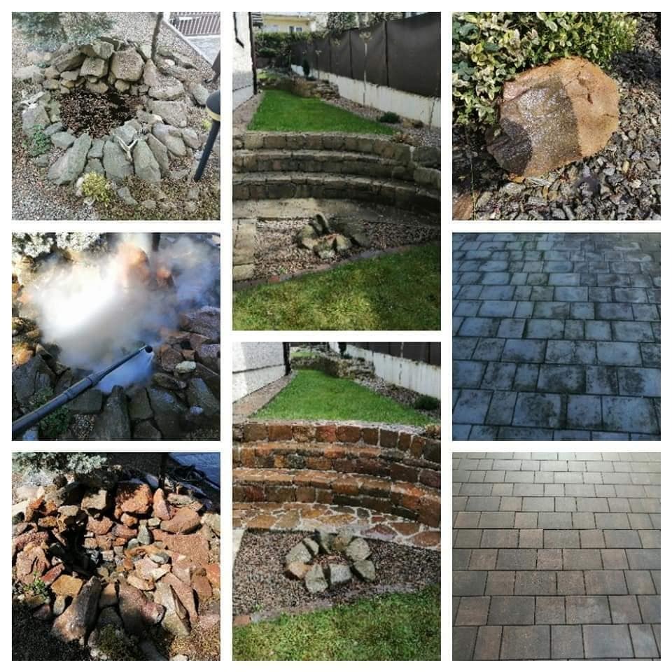 Kolaż zdjęć przedstawiających czyszczenie kamieni i kostki brukowej w ogrodzie, z użyciem myjki ciśnieniowej. Widoczne etapy pracy: od zabrudzonych powierzchni, przez proces czyszczenia z parą...