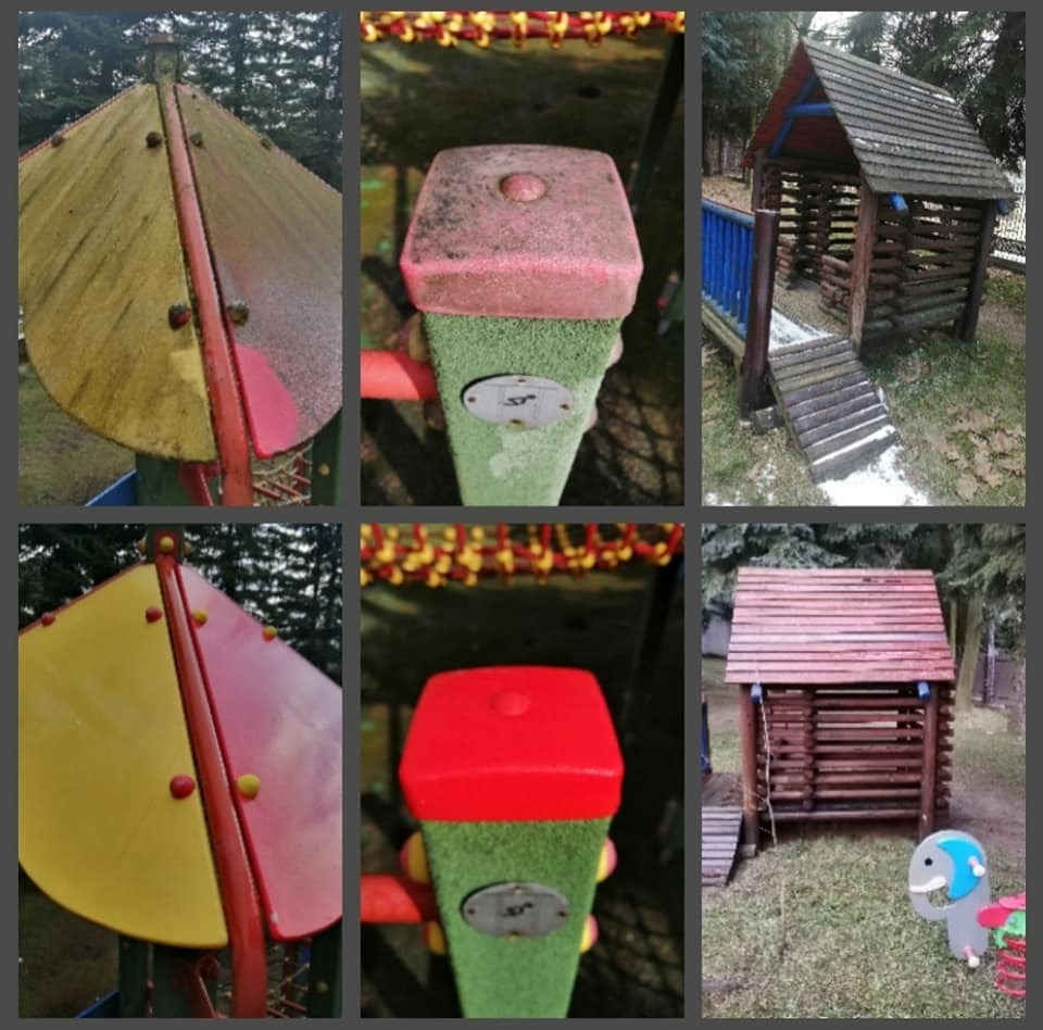 Kompozycja sześciu ujęć fragmentów placu zabaw: zadaszenie karuzeli z widocznymi zabrudzeniami i zaciekami, słupek z gumową nakładką, drewniany domek ze śladami użytkowania i niewielką ilością...