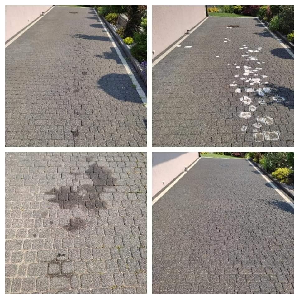 Cztery ujęcia kostki brukowej przed i po czyszczeniu: widoczne plamy i zabrudzenia usunięte, kontrastujące z czystą powierzchnią, zarośnięte chwasty w spoinach przed czyszczeniem.
