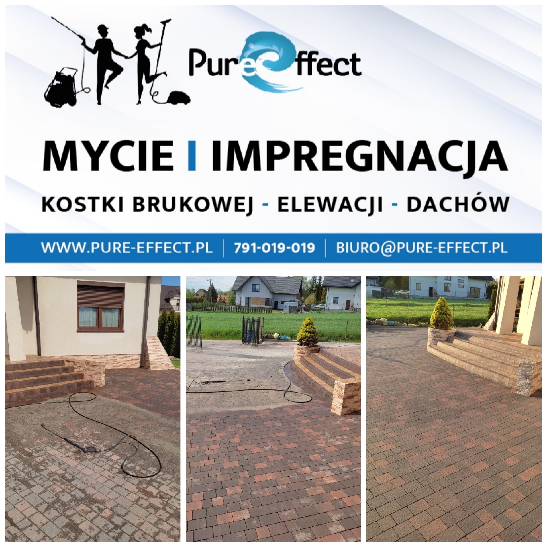 Kompozycja trzech zdjęć kostki brukowej przed i po czyszczeniu, z widocznym wężem ciśnieniowym na pierwszym planie, schody wejściowe do domu w tle, oraz logo firmy oferującej usługi mycia...