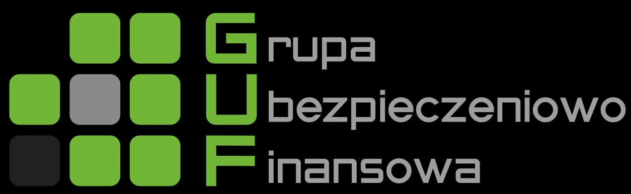 Logo firmy Grupa Ubezpieczeniowo Finansowa z zielonymi i szarymi kwadratami oraz szarym napisem na czarnym tle.