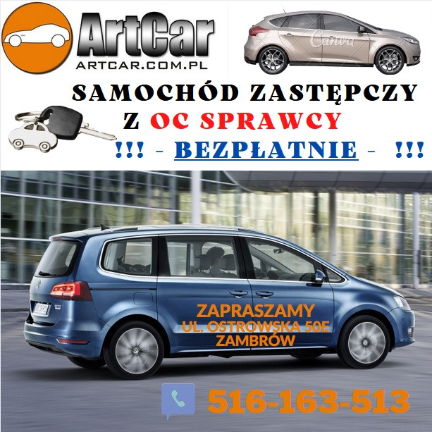 Niebieski van z napisem reklamowym i numerem telefonu na boku, oferowany jako samochód zastępczy z OC sprawcy, logo firmy ArtCar w rogu.